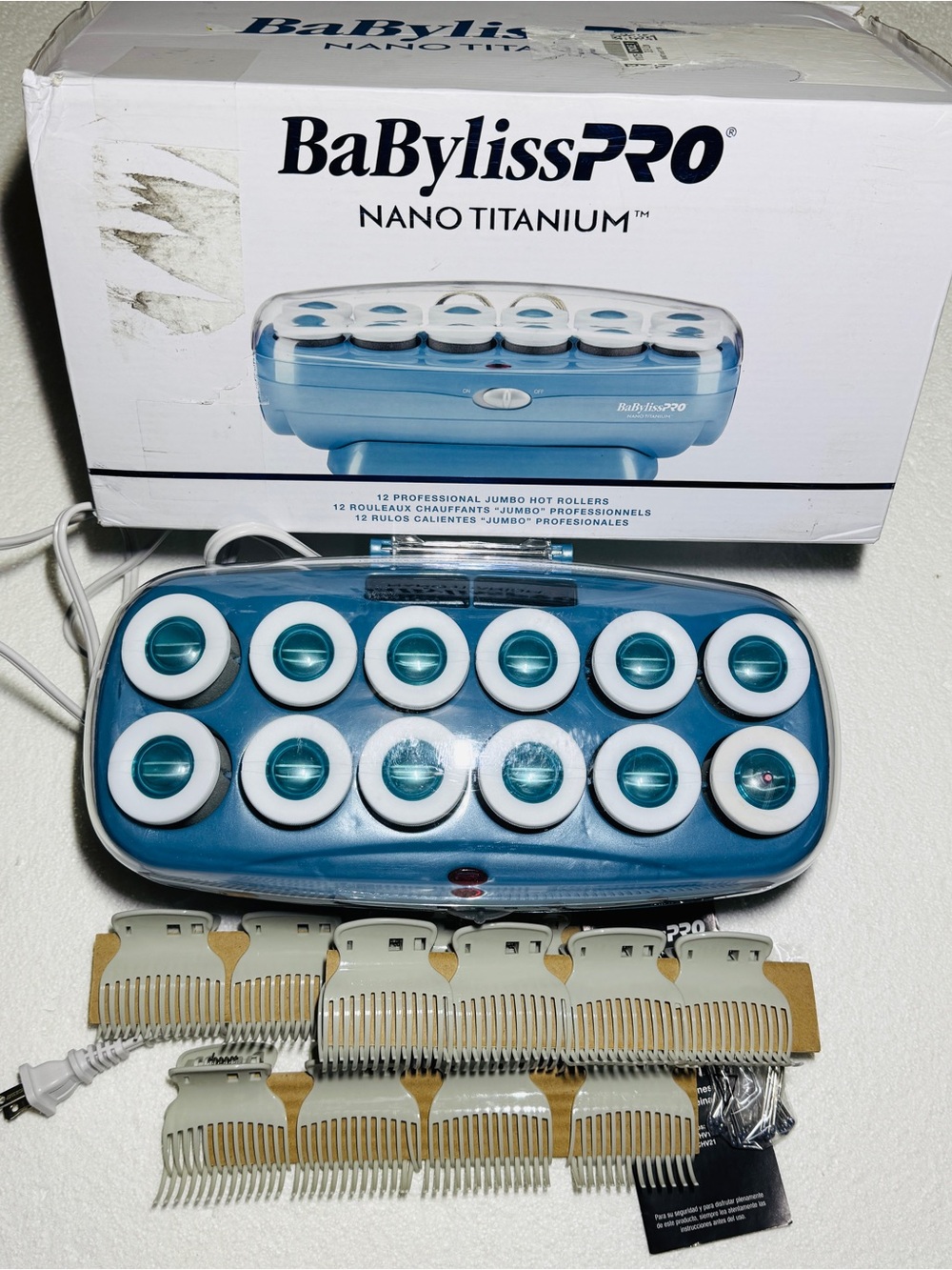 BaByliss Pro Nano Titanium Blue White Jumbo Hot Roller Set. Open Box NEW Unused